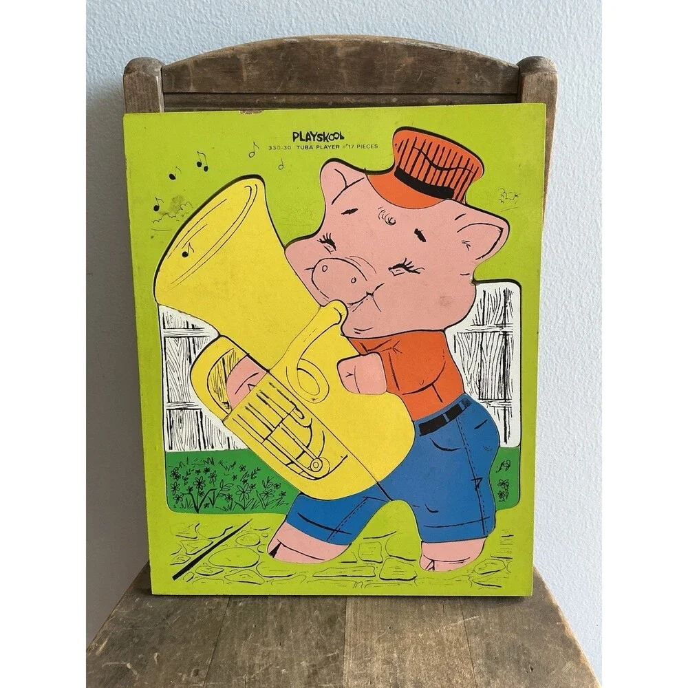 3 Vintage 1950-80sPLAYSKOOL  & SIFO Wood Puzzles | Pig & Tuba | Clock | Wildlife